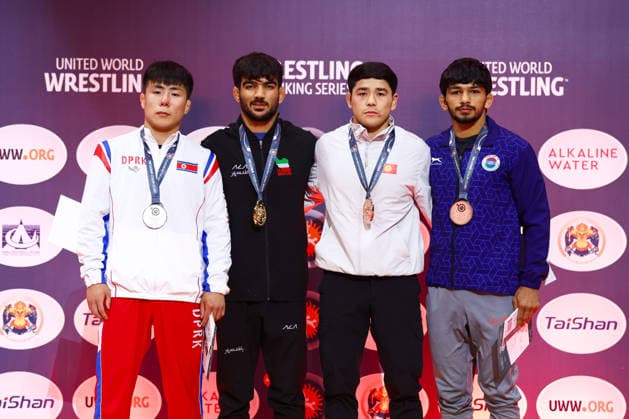 World Ranking Series Ulaanbaatar Open Podium 60kg GR Gold Ali Abdollah Ahmadi Vafa IRI , Silver Yu Chol Ro PRK , Bronze Akyl Sulaimanov KGZ , Sahil Sahil IND Copyright: xJakexKirkmanx xUnitedxWorldxWresx Jake Kirkman United World Wres