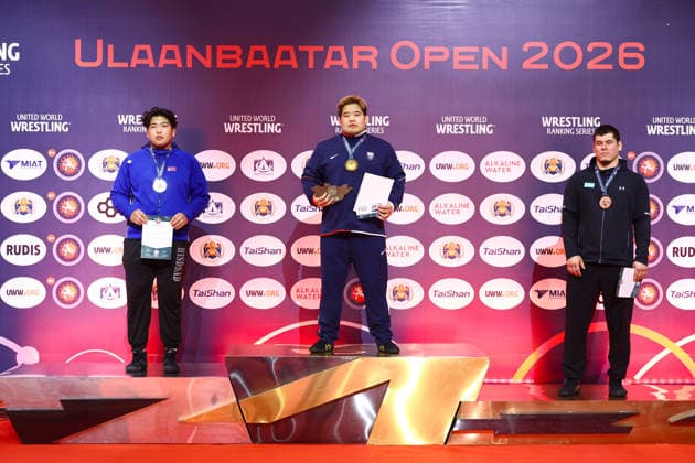 World Ranking Series Ulaanbaatar Open Podium 130kg GR Gold Kim Minseok KOR , Silver Nambardagva Batbayar MGL , Bronze Olzhas Syrlybay KAZ Copyright: xJakexKirkmanx xUnitedxWorldxWresx Jake Kirkman United World Wres