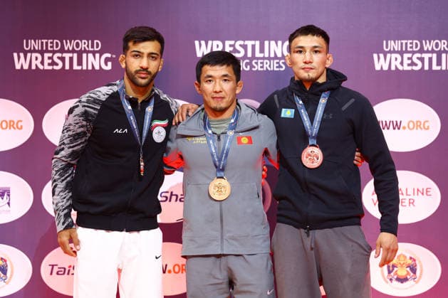 World Ranking Series Ulaanbaatar Open Podium 63kg GR Gold Zholaman Sharshenbekov KGZ , Silver Mohammad Mahdi Abbas Keshtkar IRI , Bronze Yerkebulan Ardakov KAZ Copyright: xJakexKirkmanx xUnitedxWorldxWresx Jake Kirkman United World Wres