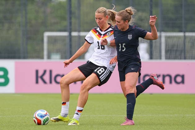 Frankfurt, Germany 05 June 2026 U19 Womens National Team 2026 Test Match Germany vs USA Pictured from left in duel Mia Lena Maas Germany vs Maddie Padelski USA DFL DFB DFB regulations prohibit any use of photographs as image sequences and or quasi video DFB Campus Hessen Copyright: xFotostandx xRacochax