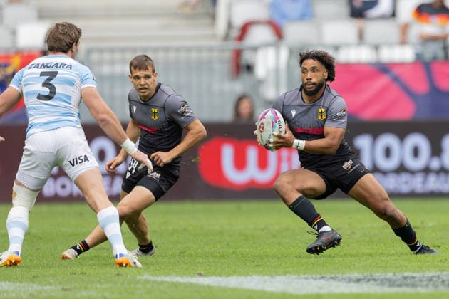 Germany Argentina, SVNS Rugby World Championship Santino Zangara Argentina faces Cedric Eichholz and Ben Ellermann both Germany First group match between Germany and Argentina Third tournament of the SVNS World Championship, Sevens Rugby World Cup from June 5 to 7, 2026 in Bordeaux France Day 1, group matches on June 5, 2026 , Bordeaux Region Nouvelle Aquitaine France Stade Atlantique