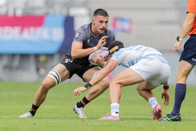 Germany Argentina, SVNS Rugby World Championship Tackle by Santiago Vera Field Argentina on Bennet Veil Germany First group match between Germany and Argentina Third tournament of the SVNS World Championship, Sevens Rugby World Cup from June 5 to 7, 2026 in Bordeaux France Day 1, group matches on June 5, 2026 , Bordeaux Region Nouvelle Aquitaine France Stade Atlantique