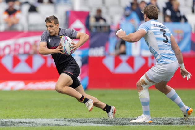Germany Argentina, SVNS Rugby World Championship Cedric Eichholz Germany escapes his opponent Santino Zangara Argentina First group match between Germany and Argentina Third tournament of the SVNS World Championship, Sevens Rugby World Cup from June 5 to 7, 2026 in Bordeaux France Day 1, group matches on June 5, 2026 , Bordeaux Region Nouvelle Aquitaine France Stade Atlantique