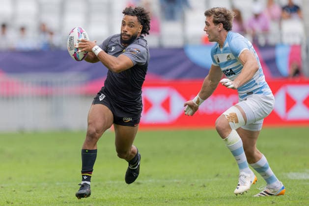 Germany Argentina, SVNS Rugby World Championship Ben Ellermann Germany escapes his opponent Santino Zangara Argentina First group match between Germany and Argentina Third tournament of the SVNS World Championship, Sevens Rugby World Cup from June 5 to 7, 2026 in Bordeaux France Day 1, group matches on June 5, 2026 , Bordeaux Region Nouvelle Aquitaine France Stade Atlantique