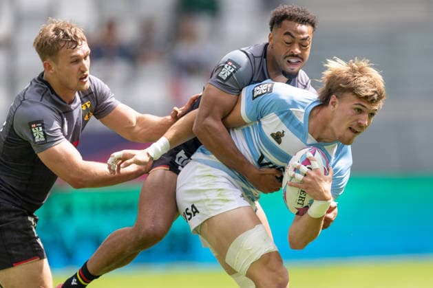 Germany Argentina, SVNS Rugby World Championship Santino Zangara Argentina is attacked by Philip Gleitze and Makonnen Amekuedi both Germany First group match between Germany and Argentina Third tournament of the SVNS World Championship, Sevens Rugby World Cup from June 5 to 7, 2026 in Bordeaux France Day 1, group matches on June 5, 2026 , Bordeaux Region Nouvelle Aquitaine France Stade Atlantique