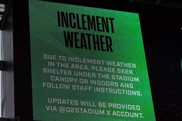 AUSTIN, TX - June 05: Lightning forces a delay in action during International Friendly, Länderspiel, Nationalmannschaft between Saudi Arabia and Puerto Rico on June 5, 2026 at Q2 Stadium in Austin, TX. (Photo by John Rivera Icon Sportswire) SOCCER: JUNE 05 International Friendly Saudi Arabia vs. Puerto Rico EDITORIAL USE ONLY Icon426260605015