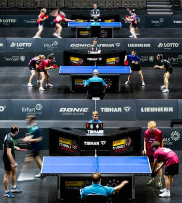 05.06.2026, GER, Tischtennis, Maenner Frauen Junioren, Saison 2026, 94. Deutsche Meisterschaft im Rahmen der Lotto Thüringen TT-Finals Erfurt 2026 Impression Feature zeigt die Halbfinalspiele der Doppelspiele U19 99094 Erfurt Messe Messehalle Kongresshal Thüringen Deutschland *** 05 06 2026, GER, Table Tennis, Men Women Juniors, Season 2026, 94 German Championships as part of the Lotto Thuringia TT Finals Erfurt 2026 Impression Feature shows the semi-finals of the doubles matches U19 99094 Erfurt Messe Messehalle Kongresshal Thüringen Germany