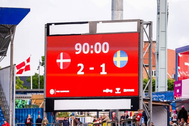 Denmark v Sweden, Women™s World Cup Qualification, Odense, Denmark Odense, Denmark. 05th, June 2026. The score board states 2-1 for Denmark during the Women™s World Cup Qualifier match between Denmark and Sweden at Odense Stadion in Odense. Denmark, Odense  Copyright: xGonzalesxPhoto KentxRasmussenx