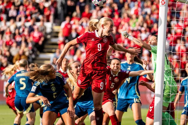 Denmark v Sweden, Women™s World Cup Qualification, Odense, Denmark Odense, Denmark. 05th, June 2026. Amalie Vangsgaard (9) of Denmark seen during the Women™s World Cup Qualifier match between Denmark and Sweden at Odense Stadion in Odense. Denmark, Odense  Copyright: xGonzalesxPhoto KentxRasmussenx