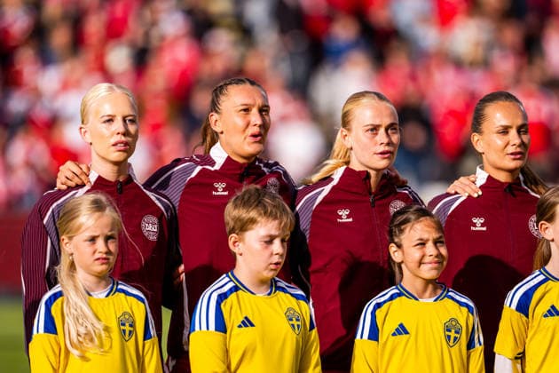 Denmark v Sweden, Women™s World Cup Qualification, Odense, Denmark Odense, Denmark. 05th, June 2026. (L-R) Sofie Svava, Cecilie Floe, Katherine Kuhl and Frederikke Thogersen of Denmark line up for the Women™s World Cup Qualifier match between Denmark and Sweden at Odense Stadion in Odense. Denmark, Odense  Copyright: xGonzalesxPhoto KentxRasmussenx