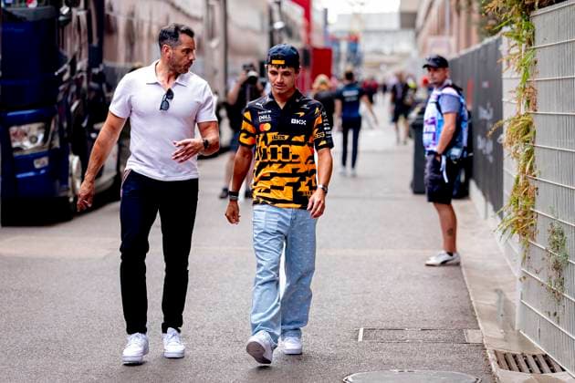MONACO Formula 1 driver Lando Norris of McLaren Mastercard Formula 1 Team with his security guard during the Formula 1 Monaco Grand Prix on the Monaco Street Circuit on June 6, 2026 in Monaco, Monaco Photo by DeFodi Images