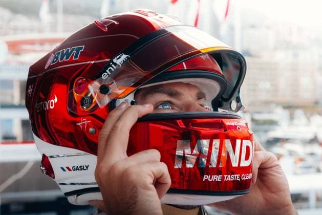 Formula 1 Monaco Grand Prix 2026 Pierre Gasly (BWT Alpine F1 Team, 10) on media day with his special helmet with the colours of his new drink Minded at the Monaco GP 2026 04 06 2026