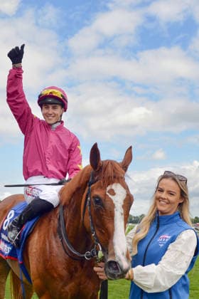 05 06 2026, Epsom, Surrey, GBR Thundering On with Dylan Browne McMonagle up after winning the Epsom Oaks Epsom Downs racecourse horse, jockey, Thundering On, McMonagle, victory 260605C994EPSOM JPG