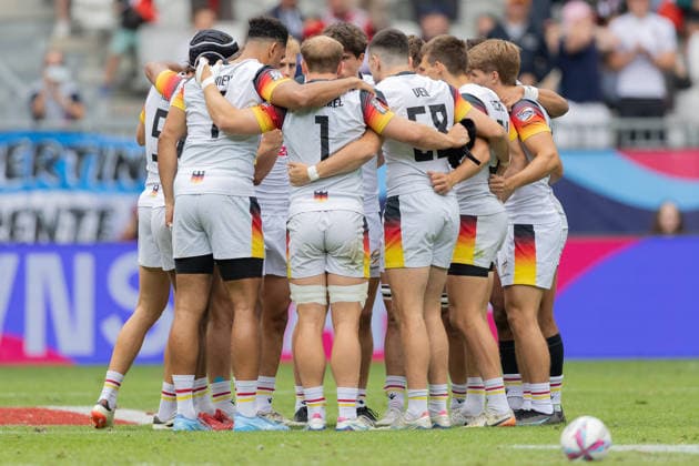 Germany France, SVNS Rugby World Championship Team Germany in the team circle before the kick-off Third group match between Germany and France Third tournament of the SVNS World Championship, Sevens Rugby World Cup from June 5 to 7, 2026 in Bordeaux France Day 2, group matches on June 6, 2026 , Bordeaux Region Nouvelle Aquitaine France Stade Atlantique