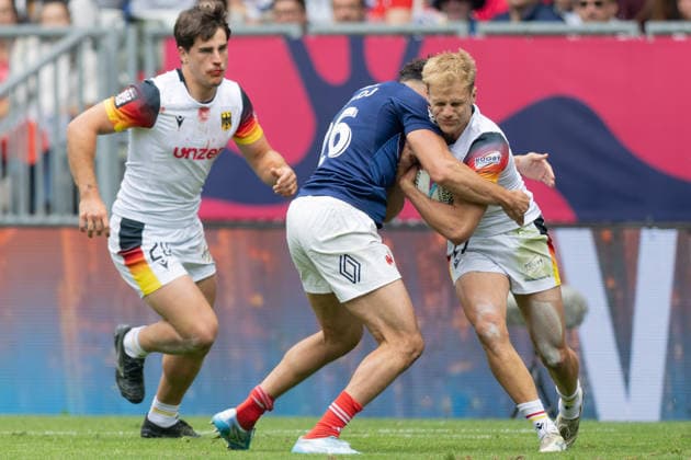 Germany France, SVNS Rugby World Championship Rayan Rebbadj France, 26 stops at left wing Wolfram Hacker Germany, 17 Left back Lennox Wiese Germany, 20 Third group match between Germany and France Third tournament of the SVNS World Championship, Sevens Rugby World Cup from June 5 to 7, 2026 in Bordeaux France Day 2, group matches on June 6, 2026 , Bordeaux Region Nouvelle Aquitaine France Stade Atlantique