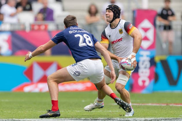 Germany France, SVNS Rugby World Championship Josselin Bouhier France, 28 blocks the path of Felix Hufnagel Germany, 1 Third group match between Germany and France Third tournament of the SVNS World Championship, Sevens Rugby World Cup from June 5 to 7, 2026 in Bordeaux France Day 2, group matches on June 6, 2026 , Bordeaux Region Nouvelle Aquitaine France Stade Atlantique