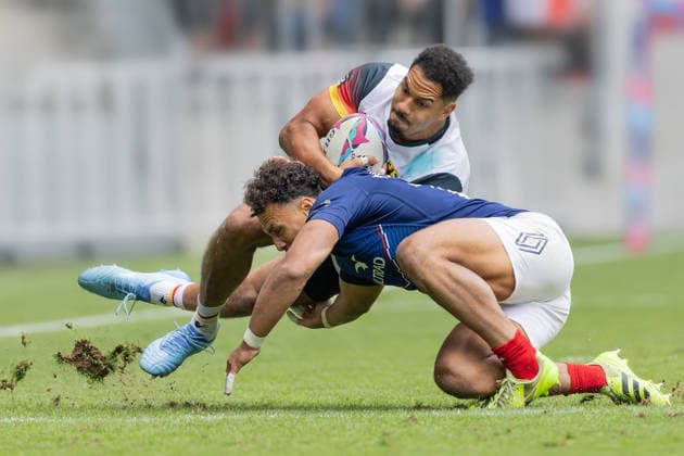 Germany France, SVNS Rugby World Championship tackle by Liam Delamare France, 76 to Chris Umeh Germany, 7 Third group match between Germany and France Third tournament of the SVNS World Championship, Sevens Rugby World Cup from June 5 to 7, 2026 in Bordeaux France Day 2, group matches on June 6, 2026 , Bordeaux Region Nouvelle Aquitaine France Stade Atlantique