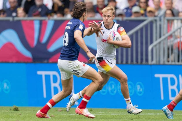 Germany France, SVNS Rugby World Championship Wolfram Hacker Germany, 17 defends himself against the attacks of Gregoire Arfeuil France, 59 Third group match between Germany and France Third tournament of the SVNS World Championship, Sevens Rugby World Cup from June 5 to 7, 2026 in Bordeaux France Day 2, group matches on June 6, 2026 , Bordeaux Region Nouvelle Aquitaine France Stade Atlantique
