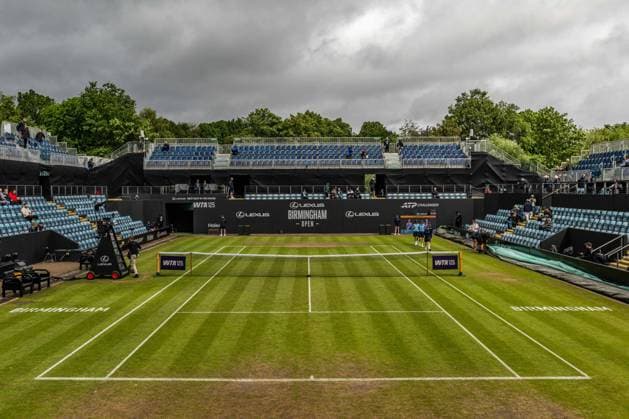 RECORD DATE NOT STATED 6th June 2026; The Edgbaston Priory Club, Birmingham, Midlands, England; 2026 Lexus Birmingham Open Tennis, Day Eight; A damp Centre Court at the Edgbaston Priory Club is ready for play to start GodfreyxPitt