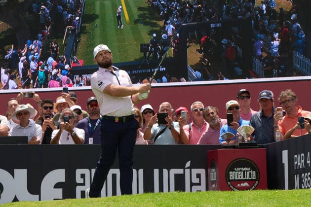 Tyrrell Hatton of England plays his tee shot on the 1st hole following the shotgun start during the LIV Golf Andalucia tournament at Real Club Valderrama on June 6, 2026, in San Roque, Cadiz, Spain. (Photo by Camilla Stolen Imago) San Roque Spain Copyright: xCamillaxStolenx L1134355