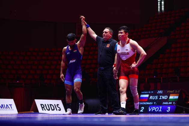 World Ranking Series Ulaanbaatar Open 74kg FS Sagar Jaglan IND df Tamir Eshinimaev RUS Copyright: xJakexKirkmanx xUnitedxWorldxWresx Jake Kirkman United World Wres