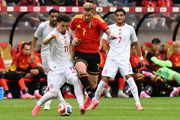 260606 Belgium vs Tunisia Ismael Gharbi (11) of Tunisia and Kevin De Bruyne (7) of Belgium pictured during friendly football game between the national teams of Belgium, called the red devils and Tunisia ahead of the FIFA World Cup, WM, Weltmeisterschaft, Fussball 2026 on June 6 , 2026 in Brussel, Belgium. (Photo by Jill Delsaux Isosport) Brussel Belgium  Copyright: xJillxDelsauxx DSC_6210