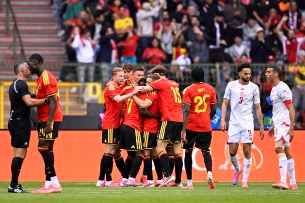 Belgium v Tunisia UEFA International Friendly, Länderspiel, Nationalmannschaft Game BRUSSELS, BELGIUM - JUNE 06 : The team of Belgium celebrates after the 1-0 goal of Trossard Leandro forward of Belgium during the pre-World Cup international friendly game match between Belgium and Tunisia in preparation of the FIFA 2026 World Cup Football Championship on June 6, 2026 in Brussels, Belgium, 06 06 2026 Brussels Belgium  Copyright: xTomasxSiskx