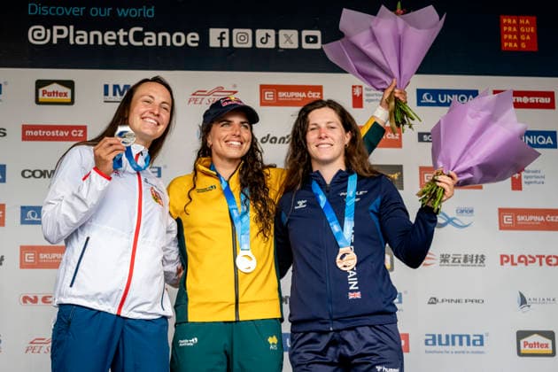 2026 ICF Canoe Slalom World Cup in Prague, Czech Republic, on June 6, 2026. Women s C1 finals. From left, second place Martina Satkova from Czechia, winner Jessica Fox from Australia and third place Kimberley Woods from Britain. (CTKxPhoto VitxSimanek) CTKPhotoP2026060603766  CTKPhotoP2026060603766