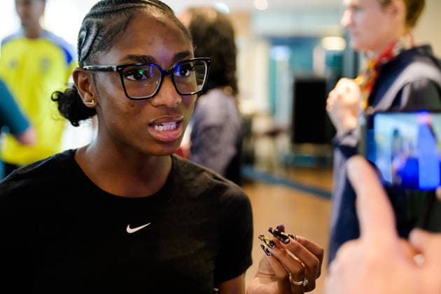 260606 Melissa Jefferson Wooden during a press conference ahead of Diamond League on June 6, 2026 in Stockholm Photo Fredrik Karlsson BILDBYRAN COP 185 FK0458 friidrott athletics friidrett diamond league presskonferens press conference bbeng bauhausgalan  Copyright: FREDRIKxKARLSSON BB260606FK062