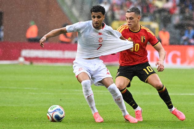 260606 Belgium vs Tunisia Elias Achouri (7) of Tunisia and Leandro Trossard (10) of Belgium pictured during friendly football game between the national teams of Belgium, called the red devils and Tunisia ahead of the FIFA World Cup, WM, Weltmeisterschaft, Fussball 2026 on June 6 , 2026 in Brussel, Belgium. (Photo by Jill Delsaux Isosport) Brussel Belgium  Copyright: xJillxDelsauxx DSC_6660