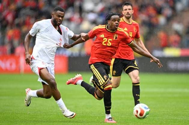 Belgium v Tunisia UEFA International Friendly, Länderspiel, Nationalmannschaft Game BRUSSELS, BELGIUM - JUNE 06 : Ngoy Nathan defender of Belgium battles for the ball with Chaouat Firas forward of Tunisia during the pre-World Cup international friendly game match between Belgium and Tunisia in preparation of the FIFA 2026 World Cup Football Championship on June 6, 2026 in Brussels, Belgium, 06 06 2026 Brussels Belgium  Copyright: xNicoxVereeckenx