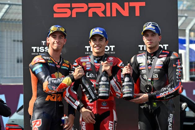 MOTO - MOTO GP - HUNGARY GRAND PRIX 2026 Podium Sprint Race MARQUEZ Marc (spa), Ducati Lenovo Team, Ducati Desmosedici GP26, portrait ACOSTA Pedro (spa), Red Bull KTM Factory Racing, KTM RC16, portrait BEZZECCHI Marco (ita), Aprilia Racing, Aprilia RS-GP26, portrait during the 2026 MotoGP Grand Prix of Hungary , on Balaton Park circuit, from June 5 to 7, in Hungary - Balaton ParkHungary  Copyright: xGIGIxSOLDANOx