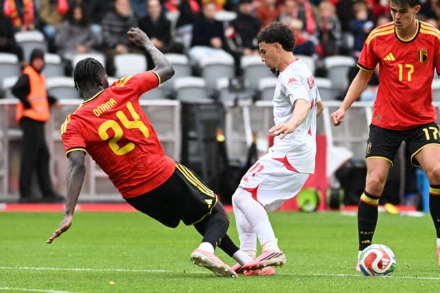 260606 Belgium vs Tunisia Amadou Onana (24) of Belgium and Ismael Gharbi (11) of Tunisia pictured during friendly football game between the national teams of Belgium, called the red devils and Tunisia ahead of the FIFA World Cup, WM, Weltmeisterschaft, Fussball 2026 on June 6 , 2026 in Brussel, Belgium. (Photo by Jill Delsaux Isosport) Brussel Belgium  Copyright: xJillxDelsauxx DSC_6969