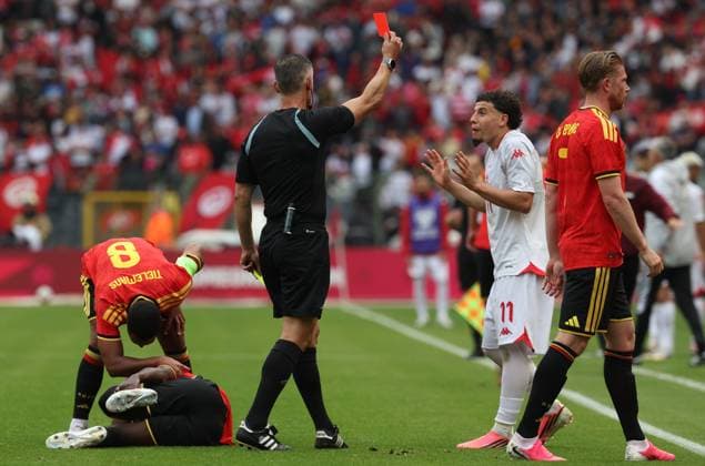 Tunisian Ismael Gharbi receives a yellow card from the referee during a friendly soccer game between Belgian national team, Nationalteam Red Devils and Tunisia, Saturday 06 June 2026 in Brussels, part of the preparations for the 2026 FIFA World Cup, WM, Weltmeisterschaft, Fussball VIRGINIExLEFOUR  x176305535x