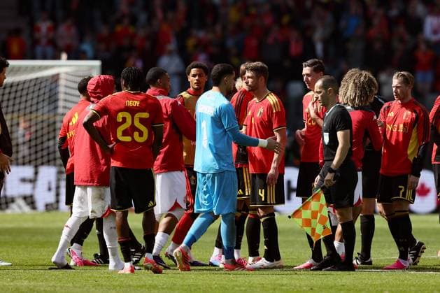 Belgium s players celebrate after winning a friendly soccer game between Belgian national team, Nationalteam Red Devils and Tunisia, Saturday 06 June 2026 in Brussels, part of the preparations for the 2026 FIFA World Cup, WM, Weltmeisterschaft, Fussball BRUNOxFAHY  x176307739x