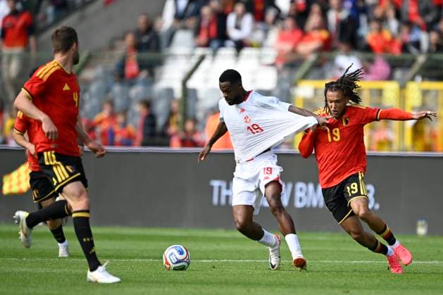 Belgium v Tunisia UEFA International Friendly, Länderspiel, Nationalmannschaft Game BRUSSELS, BELGIUM - JUNE 06 : Moreira Diego midfielder of Belgium battles for the ball with Chaouat Firas forward of Tunisia during the pre-World Cup international friendly game match between Belgium and Tunisia in preparation of the FIFA 2026 World Cup Football Championship on June 6, 2026 in Brussels, Belgium, 06 06 2026 Brussels Belgium  Copyright: xNicoxVereeckenx