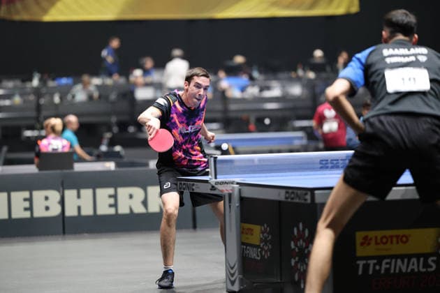 Florian Bluhm defending GER Erfurt TT Finals 2026 German Championships, Table Tennis Exhibition Hall Erfurt 06 06 2026 GER Erfurt TT Finals 2026 German Championships, Table Tennis Exhibition Hall Erfurt 06 06 2026 Thuringia German Championships 06 06 2026 Erfurt Copyright: xEibner-Pressefoto JoergxHirschx EP_JHH