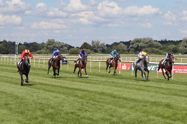 06 06 2026, Iffezheim, Baden Wuerttemberg, GER Seguro left with Benjamin Marie wins the Japan Racing Association Derby Trial Galopprennbahn Baden Baden, Iffezheim Horse, Jockey, Seguro, Marie, victory, finish, finish 260606B989IFFEZHEIM JPG