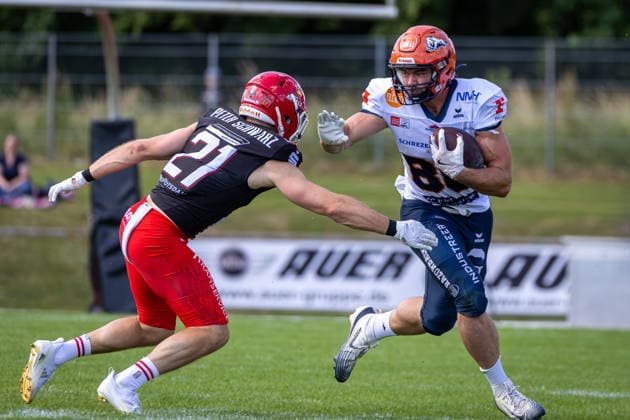 William Enneking (ifm Razorbacks Ravensburg, 80 Tight End) ifm Razorbacks Ravensburg vs Potsdam Royals, American Football, German Football League, Week 5, 2026, 06.06.2026, Weingarten TeleData Stadion am Lindenhof Baden Württemberg Germany Copyright: xFootxBowl SebastianxJustx