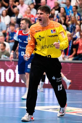 Balingen HBL 25 26 HBW Balingen SG BBM Bietigheim Goalkeeper Daniel Rebmann HBW Balingen Jubel Freude Emotion Balingen Baden Württemberg Germany