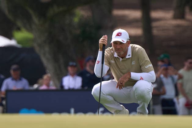 Sergio Garcia of Fireballs GC studies the line of a putt during the LIV Golf Andalucia tournament at Real Club Valderrama on June 6, 2026, in San Roque, Spain.(Photo by Camilla Stolen Imago) San Roque Spain Copyright: xCamillaxStolenx L1134968