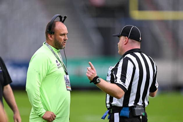 AMERICAN FOOTBALL - EFA, Raiders vs Galaxy INNSBRUCK,AUSTRIA,06.JUN.26 - AMERICAN FOOTBALL - EFA, European Football Alliance, Raiders Tirol vs Frankfurt Galaxy. Image shows head coach Thomas Koesling (Galaxy) and a referee.  GEPAxpictures xDanielxSchoenherr