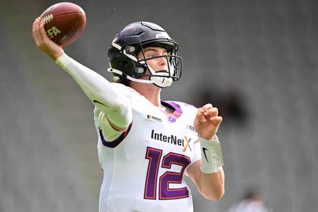 AMERICAN FOOTBALL - EFA, Raiders vs Galaxy INNSBRUCK,AUSTRIA,06.JUN.26 - AMERICAN FOOTBALL - EFA, European Football Alliance, Raiders Tirol vs Frankfurt Galaxy. Image shows Ethan Garbers (Galaxy).  GEPAxpictures xDanielxSchoenherr