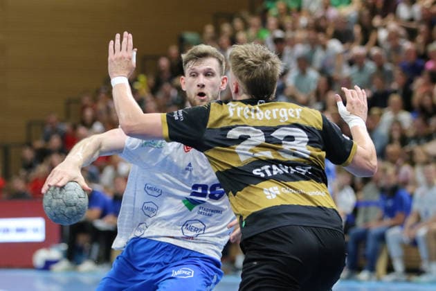 06 06 2026 Handball Men 2025 2026 2 Handball Bundesliga 34 Matchday HC Elbflorenz 2006 Dessau Roßlauer HV 06 BallsportArena Dresden Yannick Danneberg Dessau Roßlauer HV, 26, white in duel with Ivar Stavast Dresden, 23, black and gold Dresden Saxony Germany