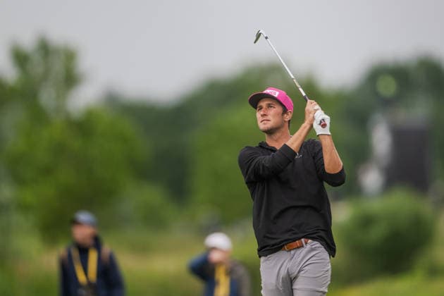 AMSTERDAM, NETHERLANDS - JUNE 06: Hunter Logan of the United States plays his second shot from the fairway of the 16th hole during the third round of the KLM Open at The International on June 6, 2026 in Amsterdam, Netherlands. Credit: Andy Astfalck NurPhoto Netherlands Copyright: xAndyxAstfalckx