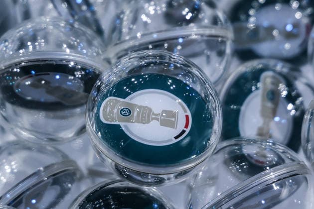 Sport, Football, DFB Cup season 2026 2027 DFB Cup draw for the 1st round 06 06 2026, German Football Museum Draw ball with the new logo of the DFB Cup Dortmund German Football Museum North Rhine-Westphalia Germany