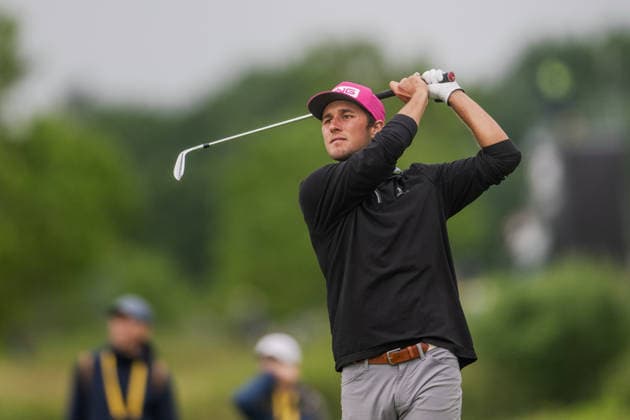 AMSTERDAM, NETHERLANDS - JUNE 06: Hunter Logan of the United States plays his second shot from the fairway of the 16th hole during the third round of the KLM Open at The International on June 6, 2026 in Amsterdam, Netherlands. Credit: Andy Astfalck NurPhoto Netherlands Copyright: xAndyxAstfalckx