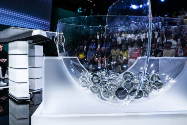 Sport, Football, DFB Cup season 2026 2027 DFB Cup draw for the 1st round 06 06 2026, German Football Museum Draw ball with the new DFB Cup logo in the draw pot Dortmund German Football Museum North Rhine-Westphalia Germany