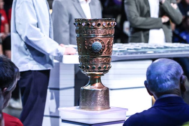 Sport, Football, DFB Cup season 2026 2027 DFB Cup draw for the 1st round 06 06 2026, German Football Museum The DFB Cup at the draw on a pedestal Dortmund German Football Museum North Rhine-Westphalia Germany