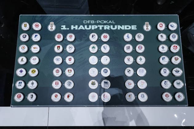Sports, Football, DFB Cup Season 2026 2027 DFB Cup Draw for the 1st Round 06 06 2026, German Football Museum The drawn cup games after the cup draw on the board, All 32 games in the overview Dortmund German Football Museum North Rhine-Westphalia Germany